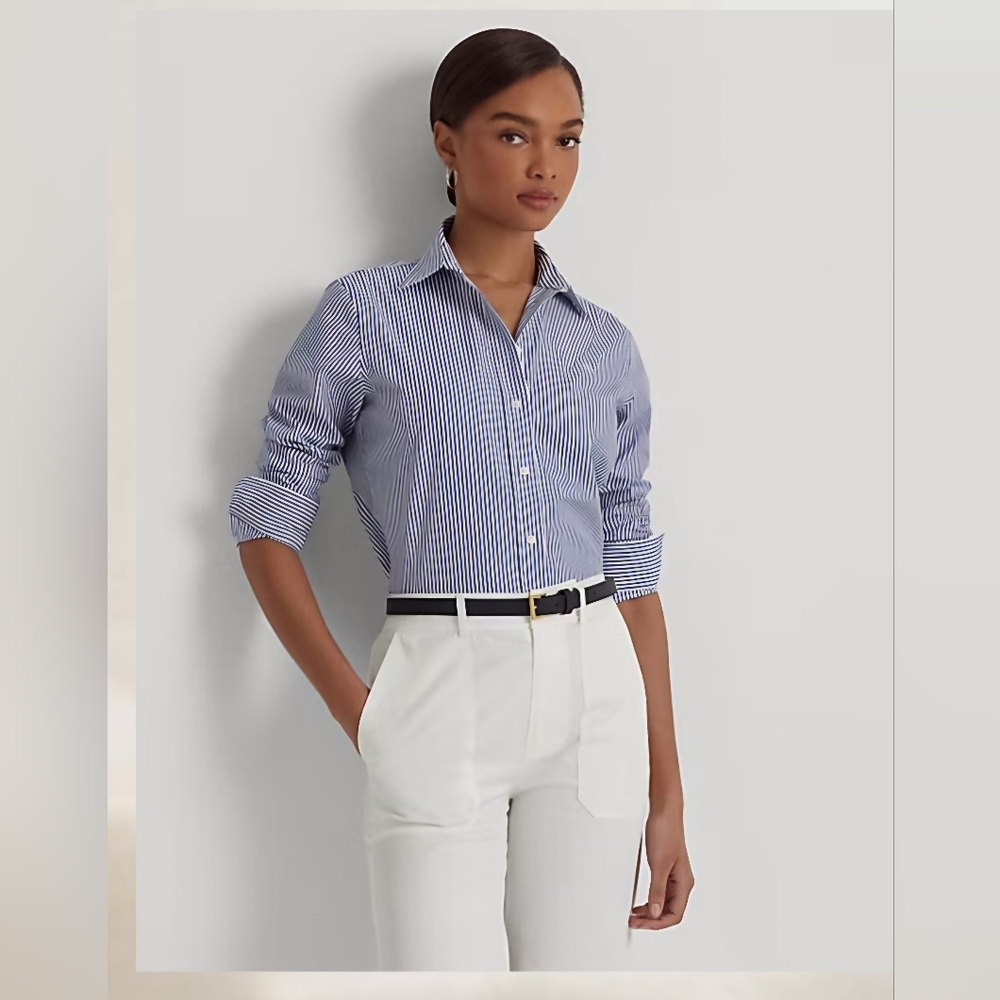 Ralph Lauren Striped Easy Care Cotton Shirt Petite Large Blue and White Nwot